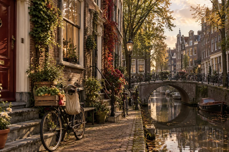 AI editorial interpretation of an Amsterdam canal neighborhood, not a photograph documenting current street conditions